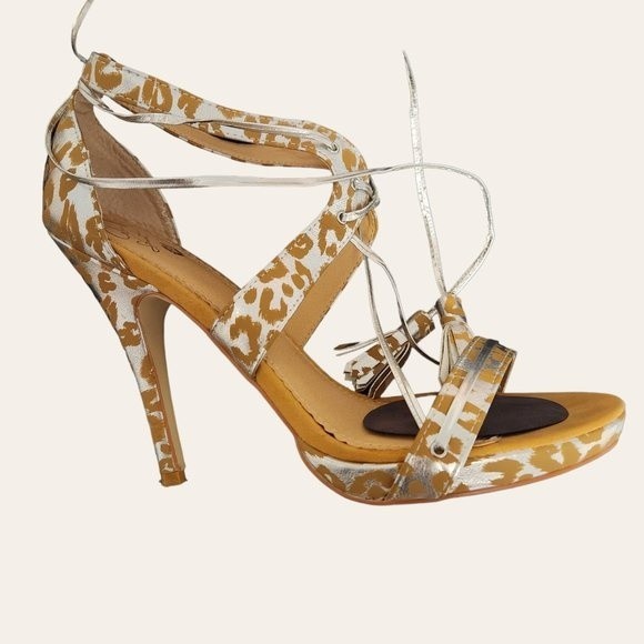 Colin Stuart Metallic Leopard Cheetah Animal Print Gold Silver Lace Up Wrap heel - Picture 13 of 16